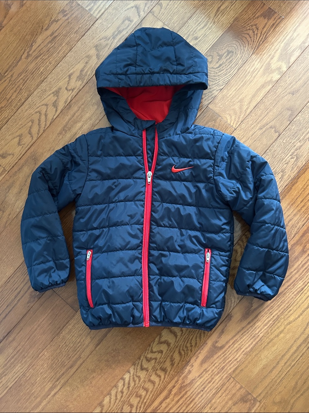 Nike Kids Navy Puffer Jacket with Red Trim and Hood, Size 4T